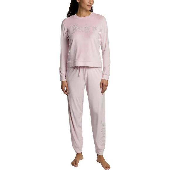JUICY COUTURE 2pc Pink Velour Rhinestone Logo Soft Cozy Long Sleeve Pajama Set L - Picture 9 of 9